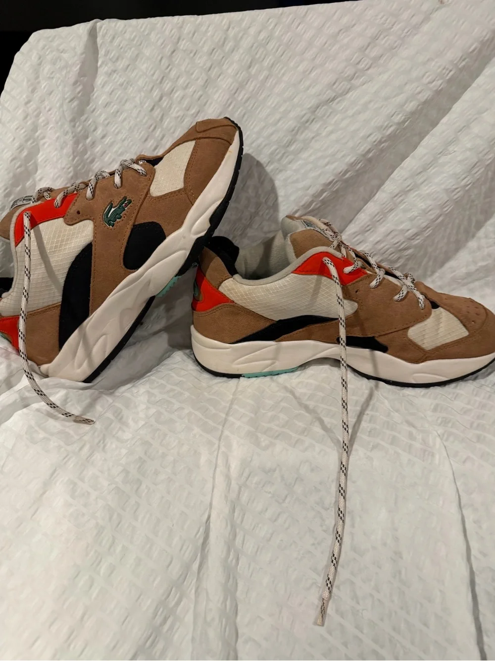 Lacoste Men’s Tan Suede Sneakers with Cream and Orange Accents
